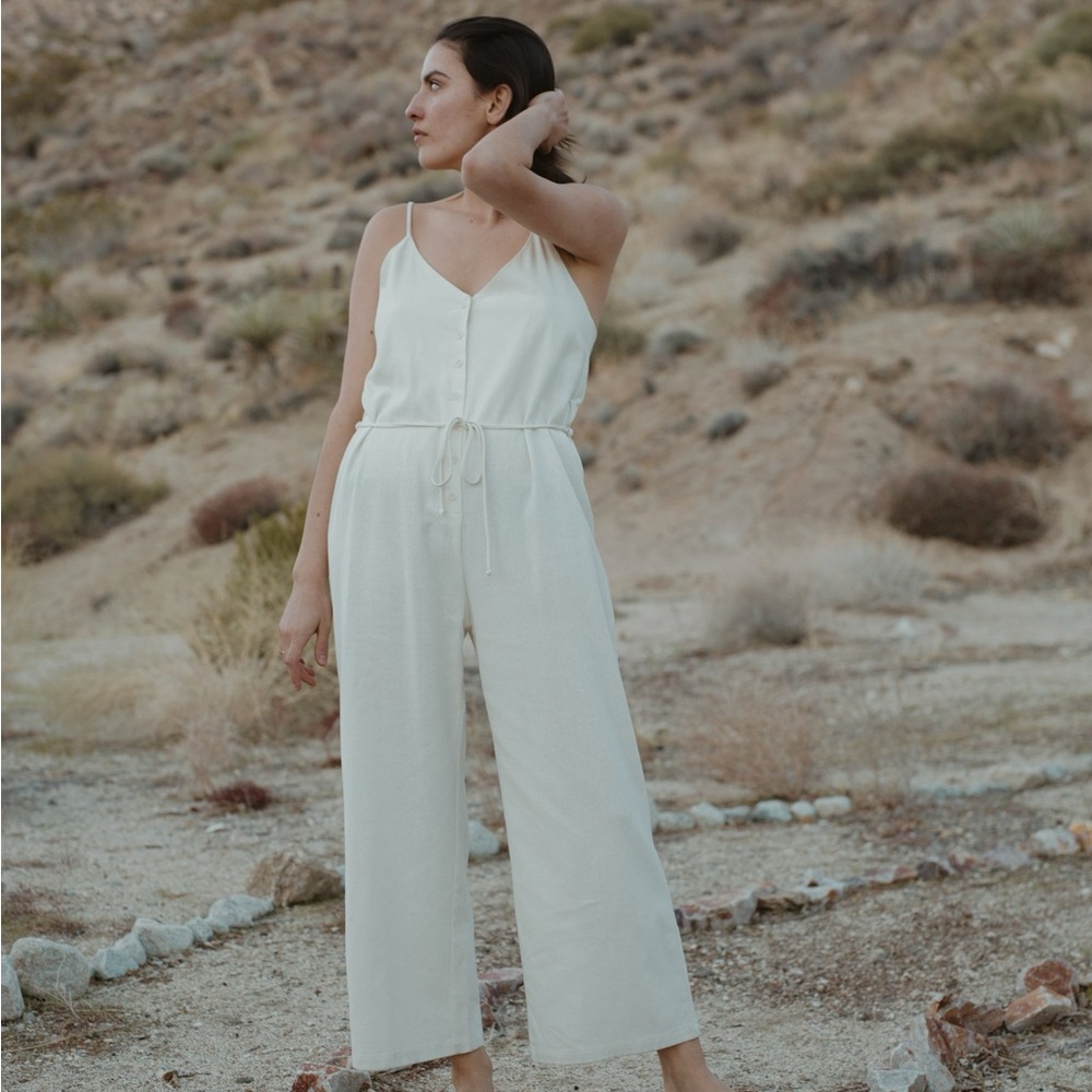 OZMA Cypress BNWT Ivory Cream Button-Front Raw Silk Noil Jumpsuit